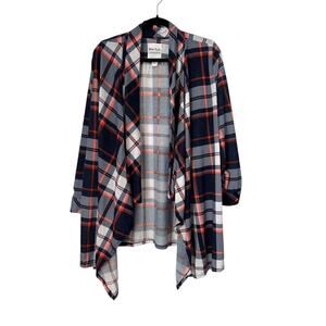 New York Laundry Sweater SZ XL Blue Plaid Roll Tab Sleeve Asymmetrical Cardigan
